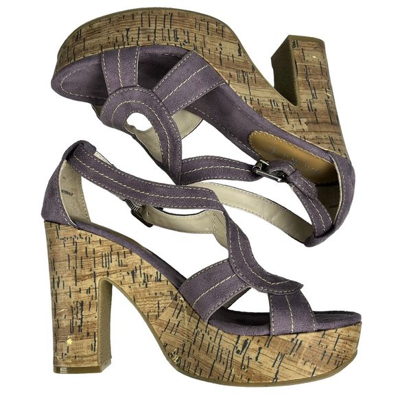 MixIt Strappy High Heel Shoes 6.5 Open Toe Cork 4” Heels Purple Suede 022-8051 - Picture 5 of 16